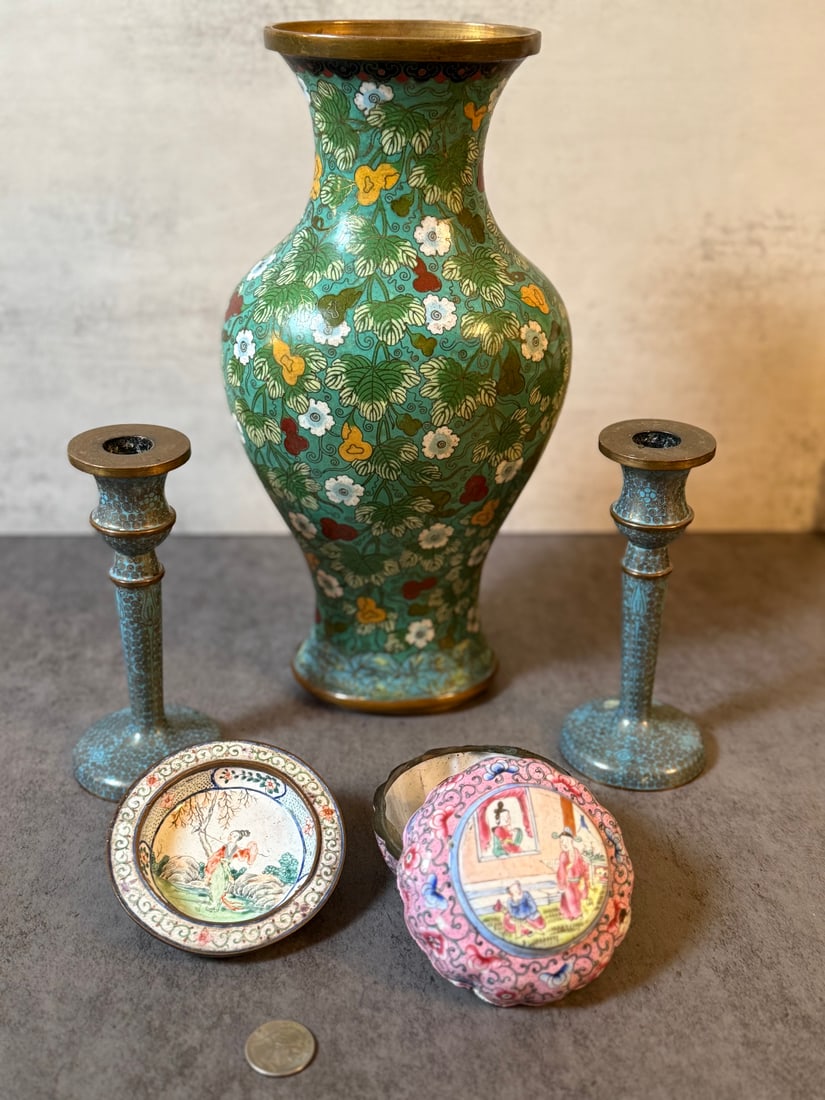 Lot of Chinese Cloisonn?? Items - Vase, Candlesticks, Boxes, Drilled Base (1 of 4)