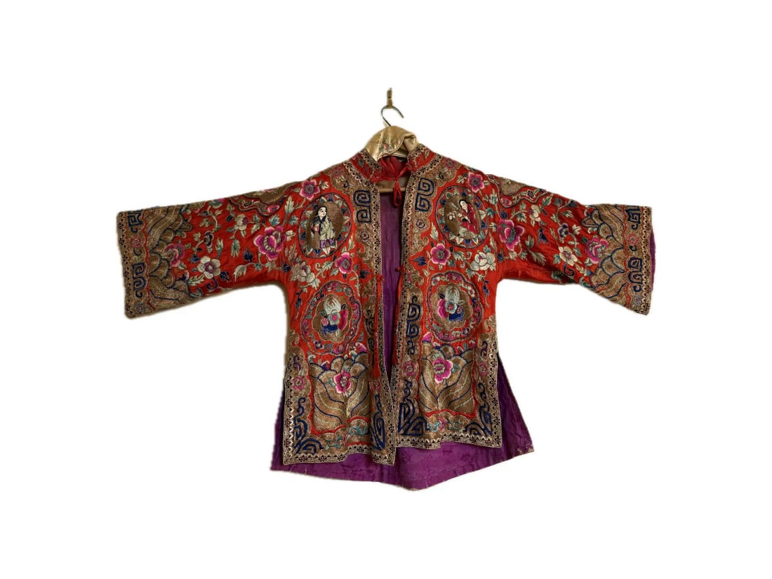 Chinese Embroidered Silk Robe - Red Ground, Metallic Threads, Figural Medallions (1 of 4)