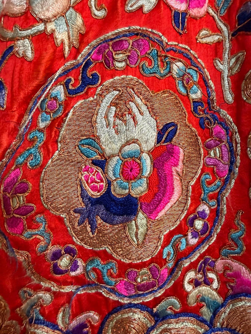Chinese Embroidered Silk Robe - Red Ground, Metallic Threads, Figural Medallions - 2