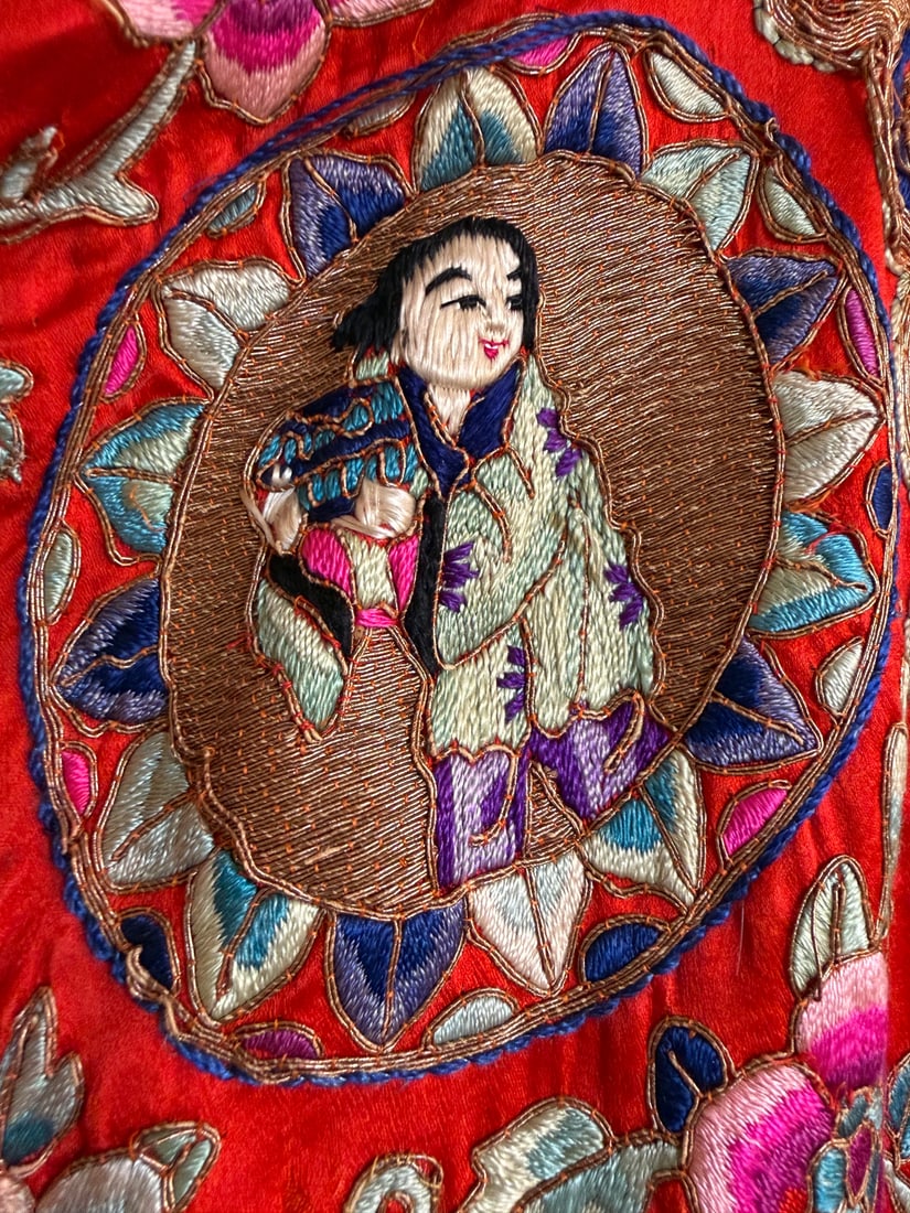 Chinese Embroidered Silk Robe - Red Ground, Metallic Threads, Figural Medallions - 3