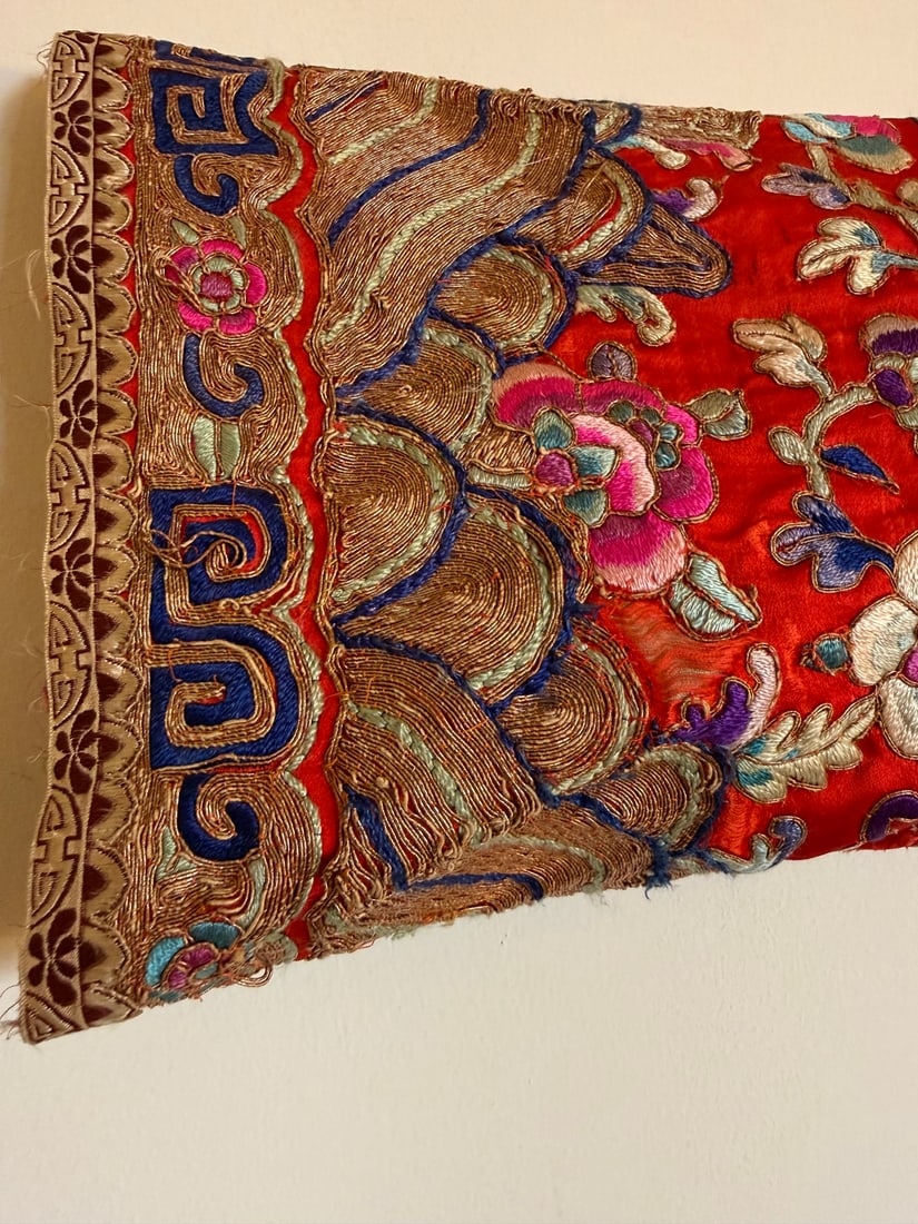 Chinese Embroidered Silk Robe - Red Ground, Metallic Threads, Figural Medallions - 4