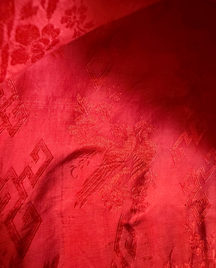 Chinese Embroidered Silk Skirt - Red Ground, Floral and Wave Border - 2