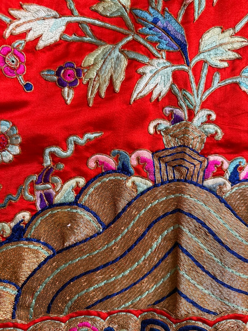 Chinese Embroidered Silk Skirt - Red Ground, Floral and Wave Border - 3