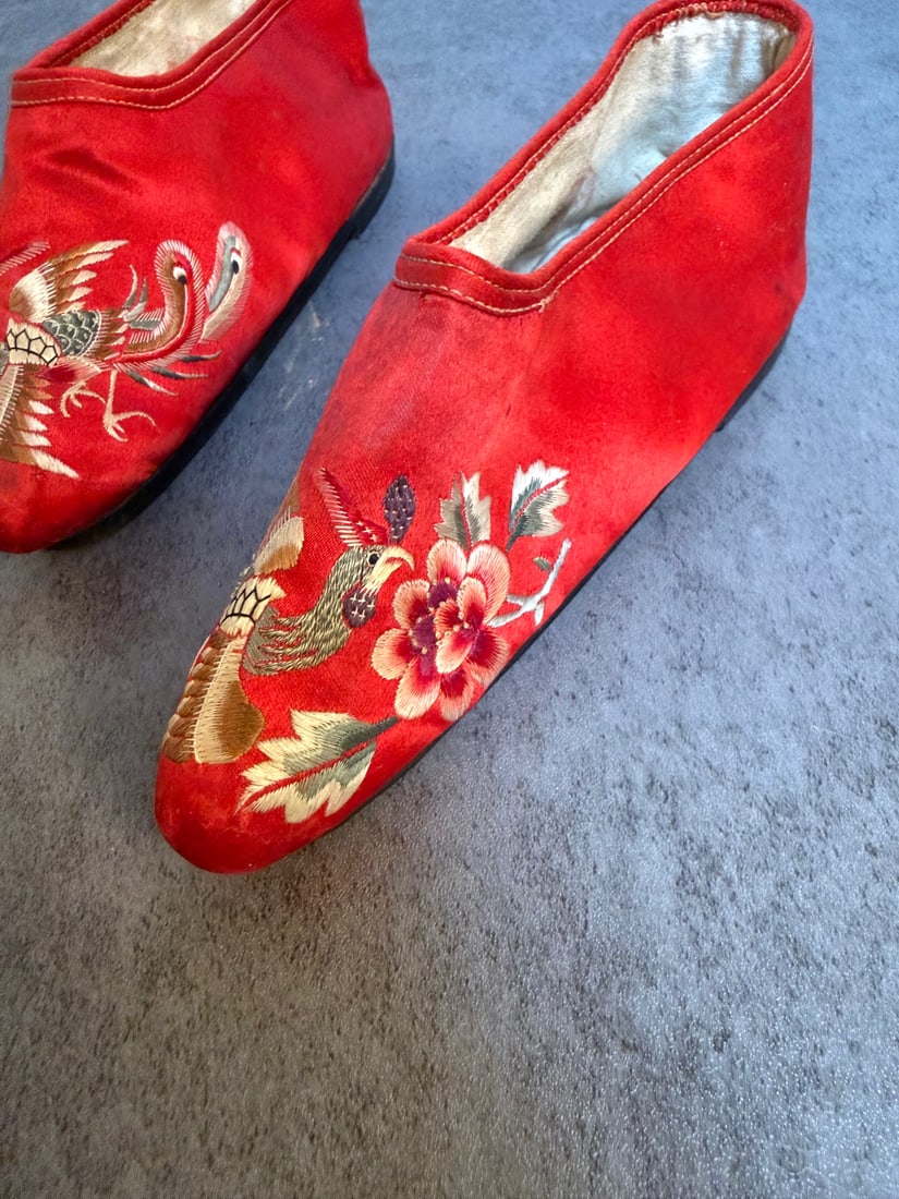 Pair of Chinese Embroidered Silk Shoes - Red, Phoenix and Floral Motif, Dated 1935 - 2