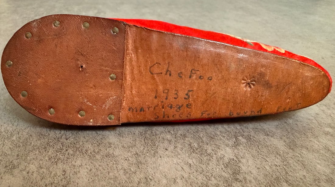 Pair of Chinese Embroidered Silk Shoes - Red, Phoenix and Floral Motif, Dated 1935 - 3