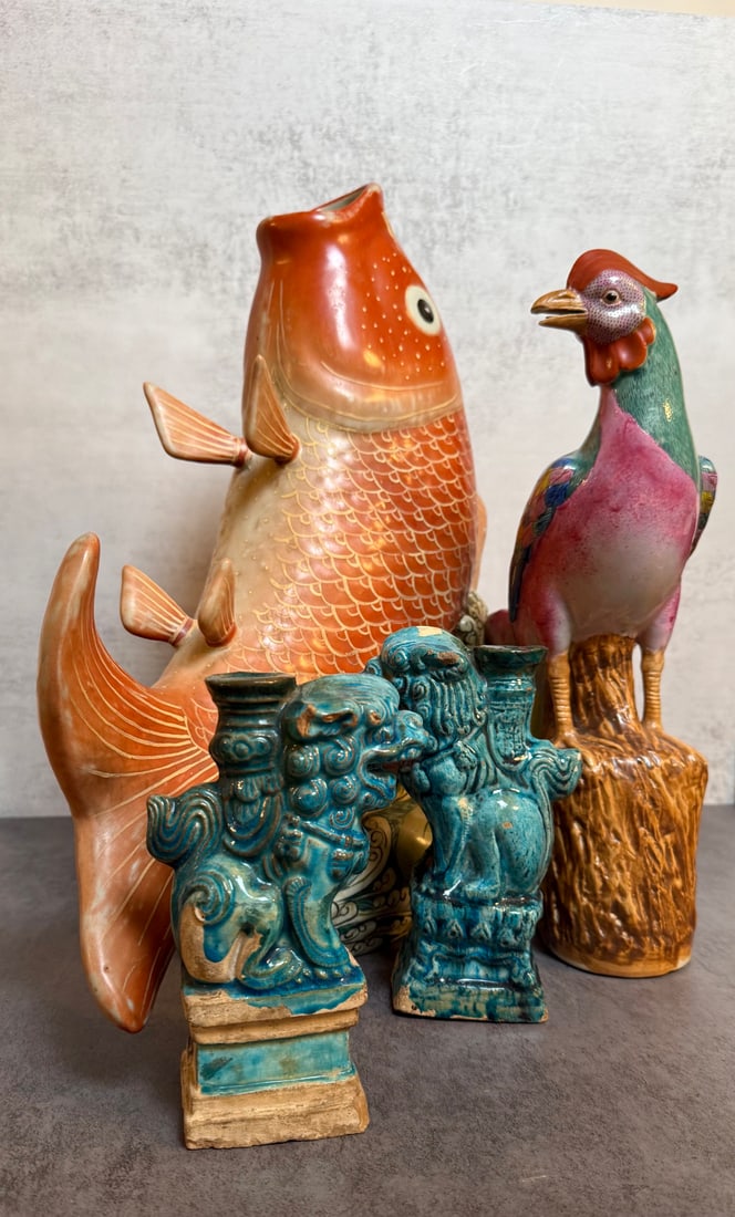 Group of Chinese 20th Century Ceramic Figures Including Carp, Foo Lions, and Rooster (1 of 2)