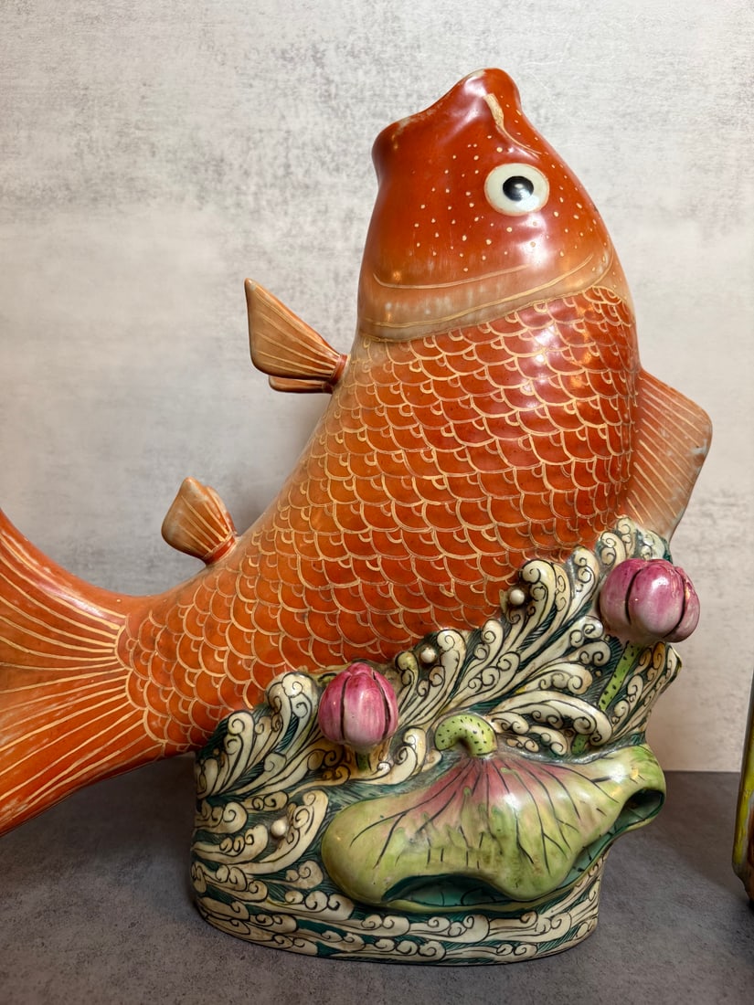 Group of Chinese 20th Century Ceramic Figures Including Carp, Foo Lions, and Rooster - 2