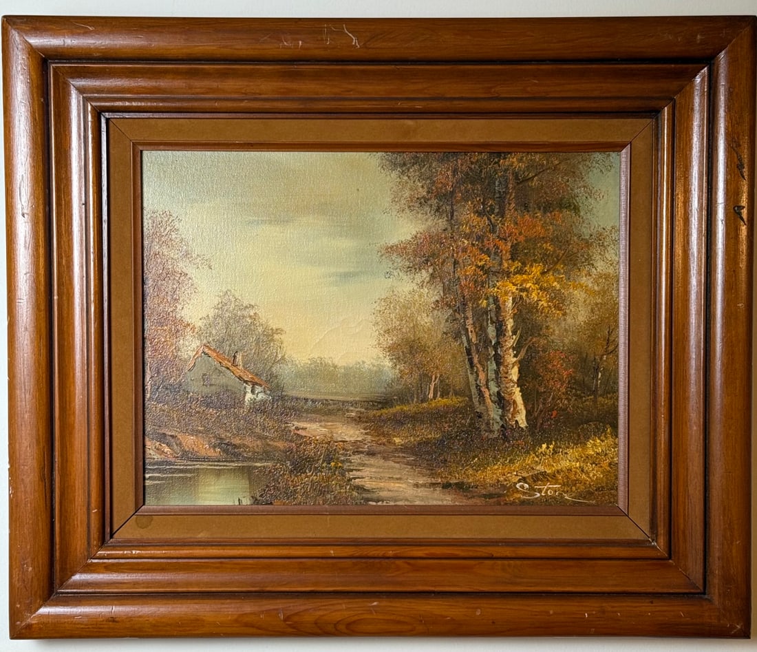 Autumn Landscape Oil Painting Signed ??Stone,?? Framed, 20 x 24 in: Oil on canvas landscape painting depicting a tranquil autumn countryside scene with a cottage, riverbank, and tall birch trees rendered in warm seasonal tones. Signed ??Stone?? lower right.The