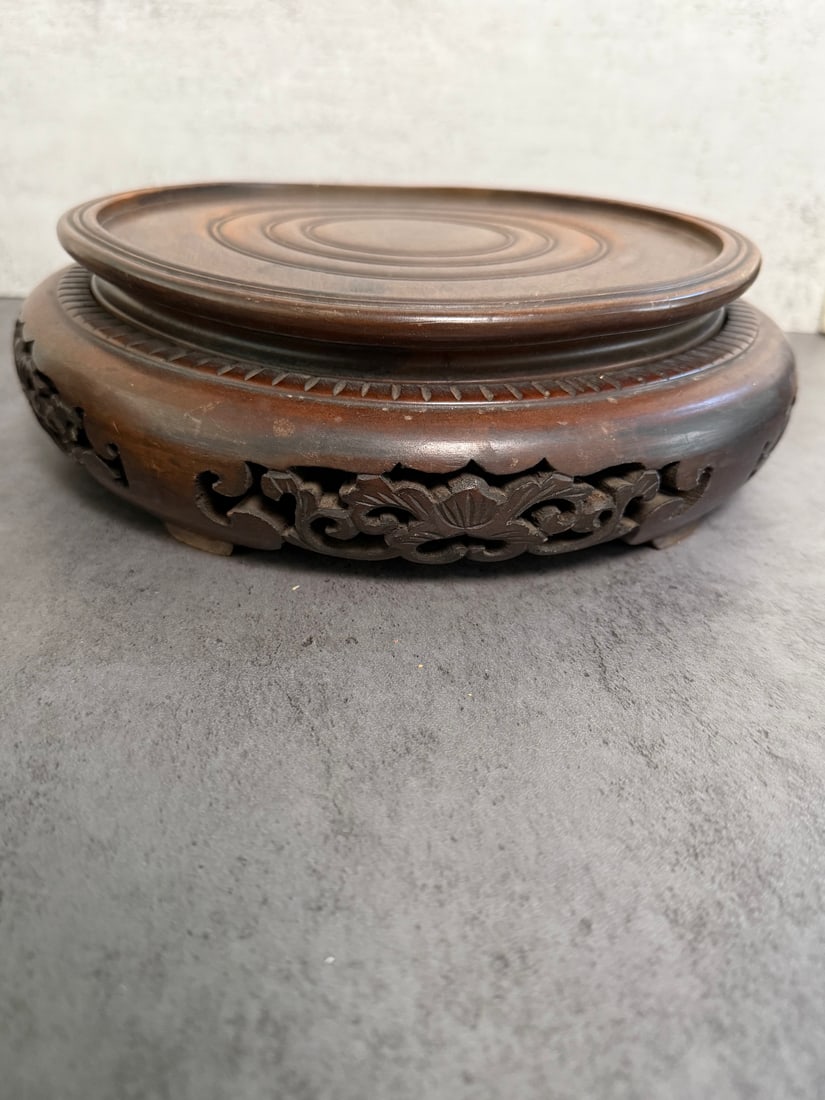 Lot of 5 Chinese Display Stands - 2 Brass & 3 Carved Hardwood Bases for Vases Bonsai - 3