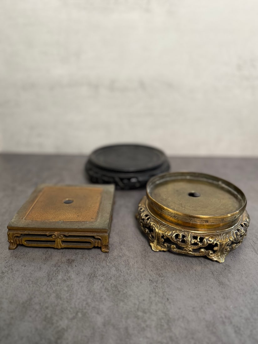Lot of 5 Chinese Display Stands - 2 Brass & 3 Carved Hardwood Bases for Vases Bonsai - 4