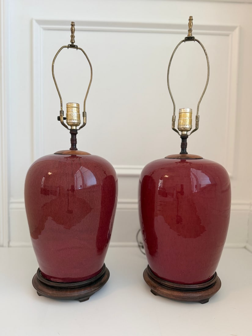 Pair of Chinese Sang de Boeuf Oxblood Red Glazed Ginger Jar Table Lamps on Wood Stands (1 of 3)