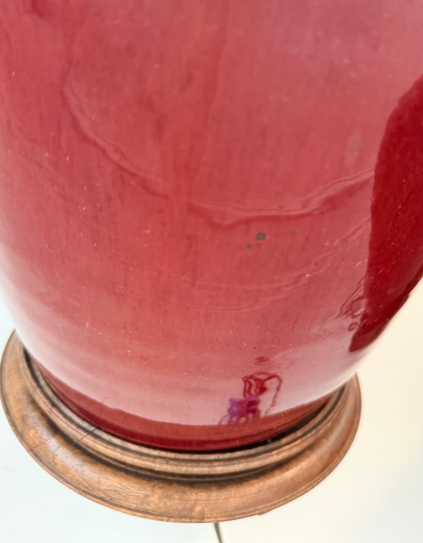 Pair of Chinese Sang de Boeuf Oxblood Red Glazed Ginger Jar Table Lamps on Wood Stands - 2