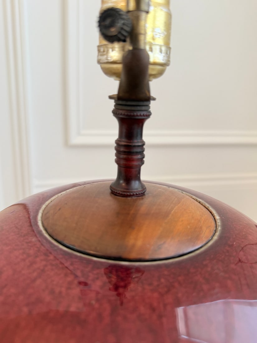 Pair of Chinese Sang de Boeuf Oxblood Red Glazed Ginger Jar Table Lamps on Wood Stands - 3