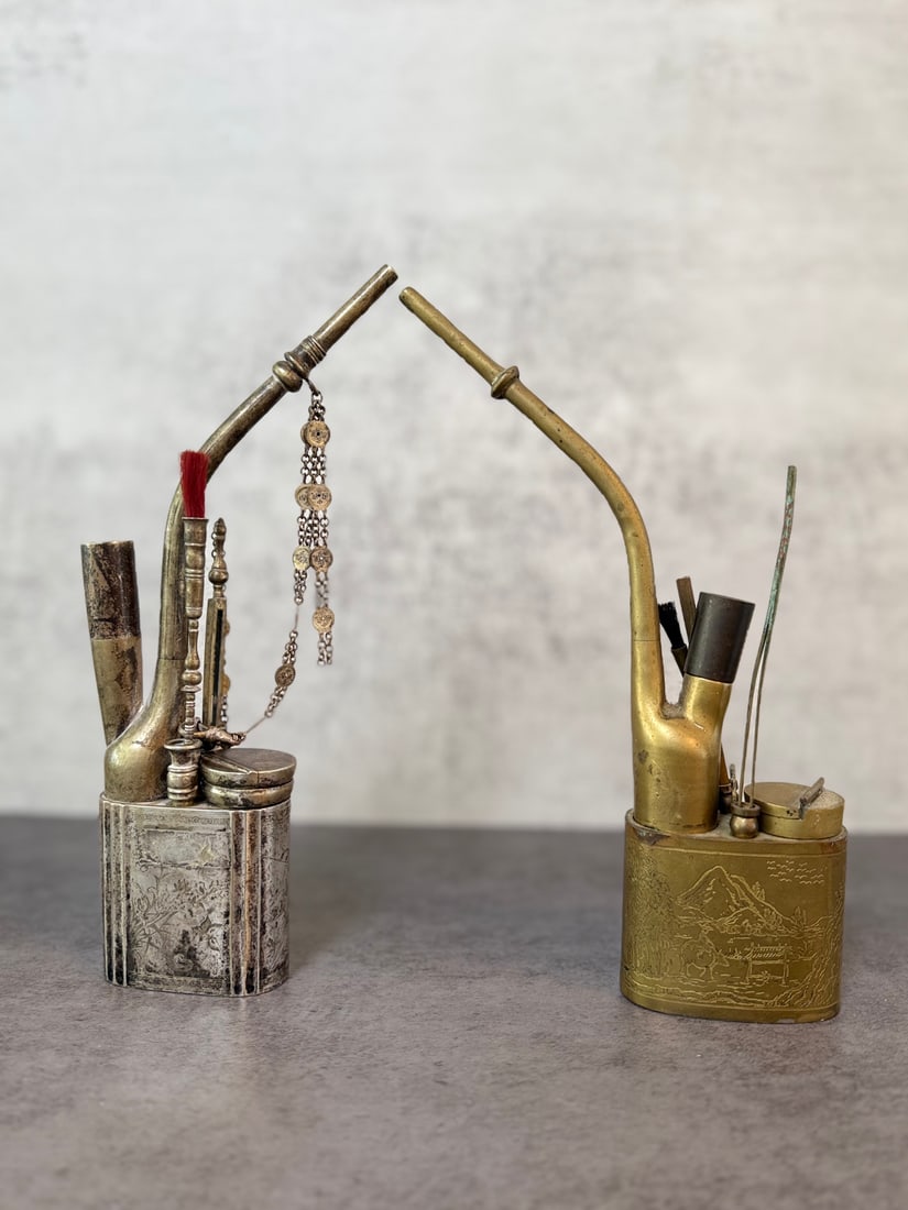 Two Chinese Pipe Sets with Tools and Coin Chain Tassel (1 of 4)