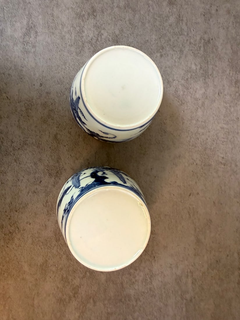 Pair of Asian Blue and White Porcelain Cups with Wisteria Decoration - 2
