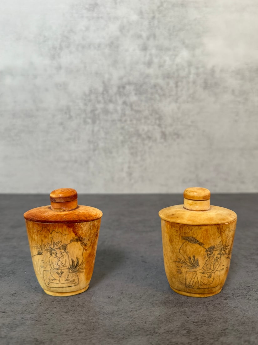 Pair of Carved Bone Lidded Jars with Figural Decoration - 2