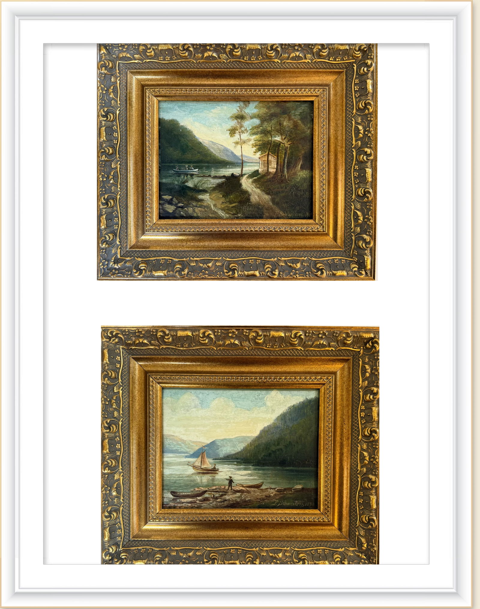 Signed Pair of Oil on Board Landscape Paintings by P. Schweikern, Dated 1894, Framed (1 of 3)