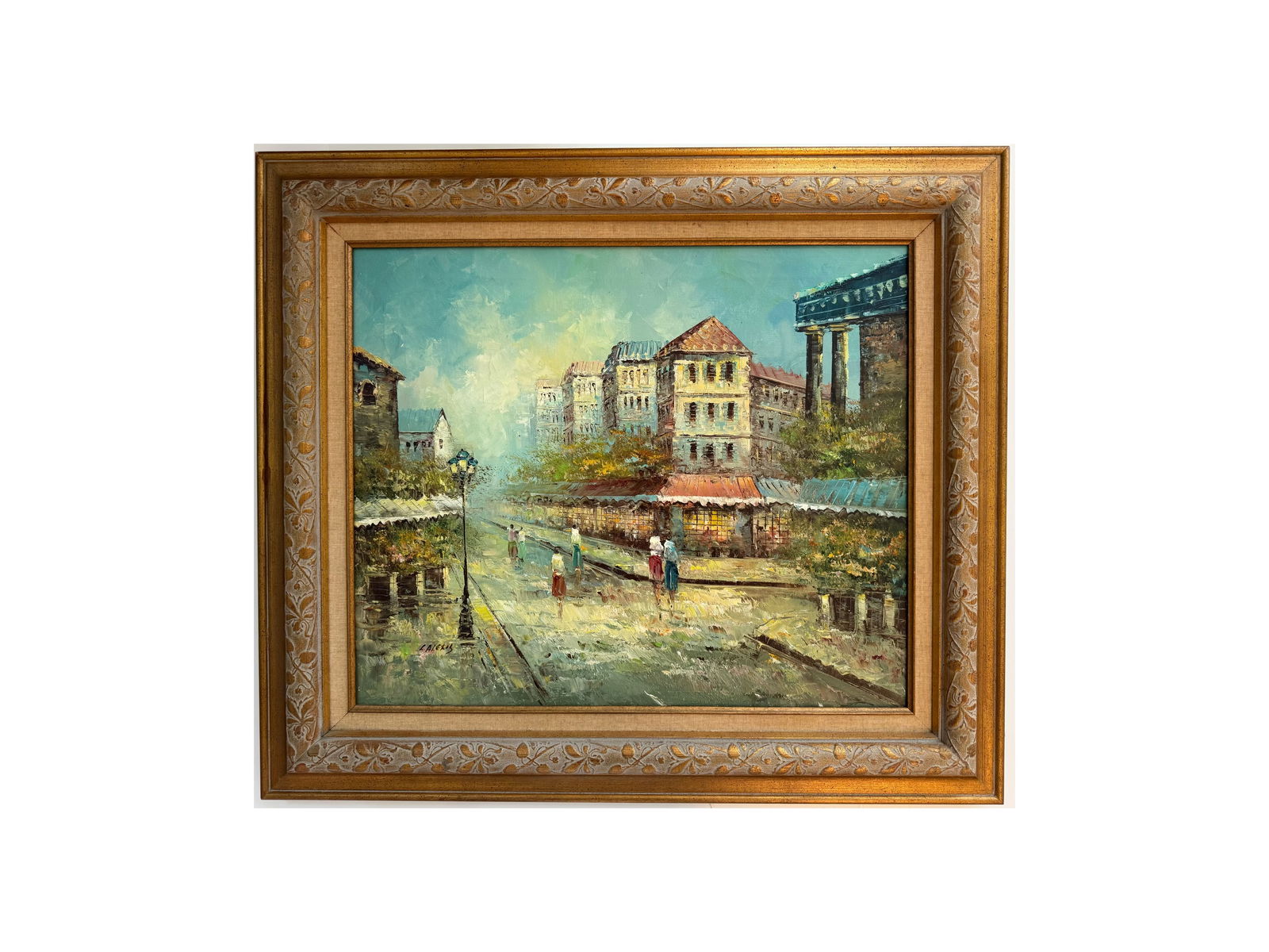 Signed Oil Painting by L. Alexis, Romantic Parisian Street Scene, Framed, 31.5 x 27.5 in (1 of 3)
