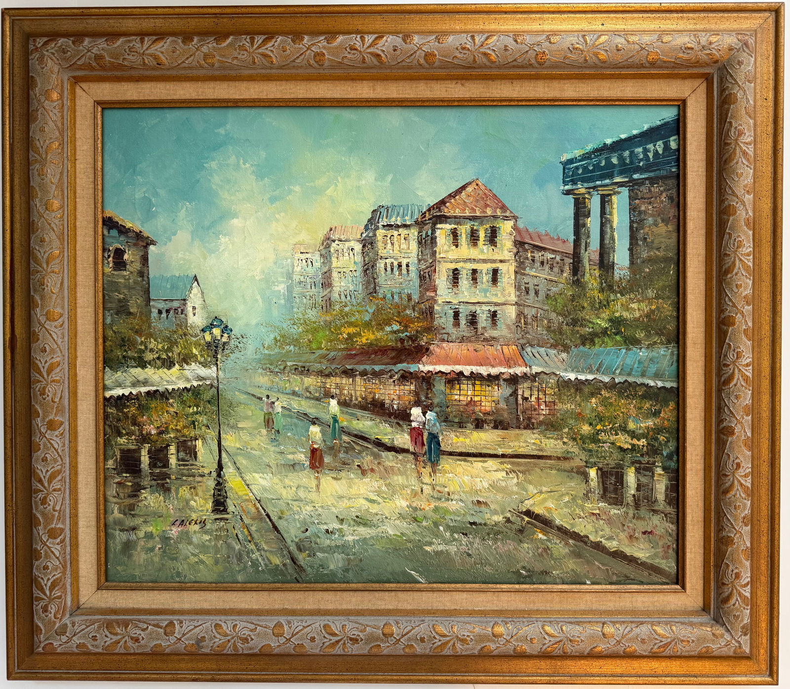 Signed Oil Painting by L. Alexis, Romantic Parisian Street Scene, Framed, 31.5 x 27.5 in - 2
