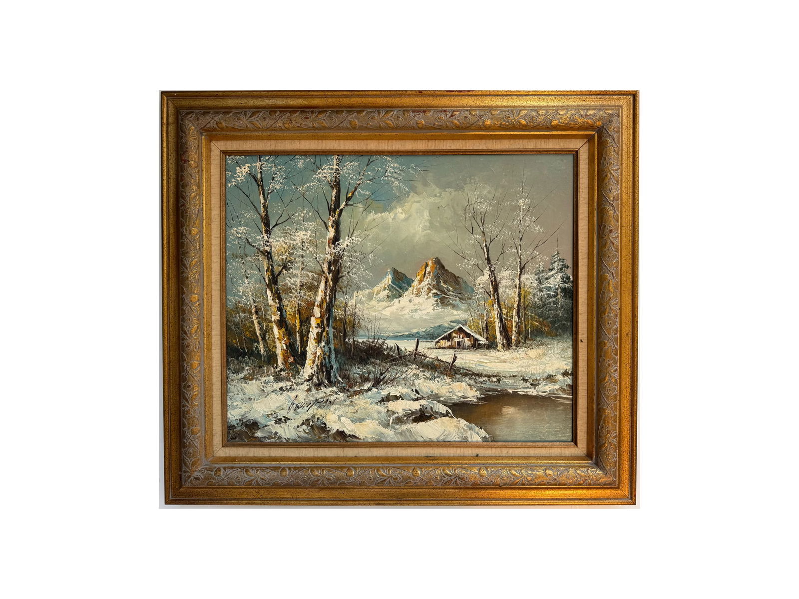 Signed Oil Painting by G. Whitman, Alpine Mountain Landscape with Cabin, Framed, 32 x 28 in (1 of 3)