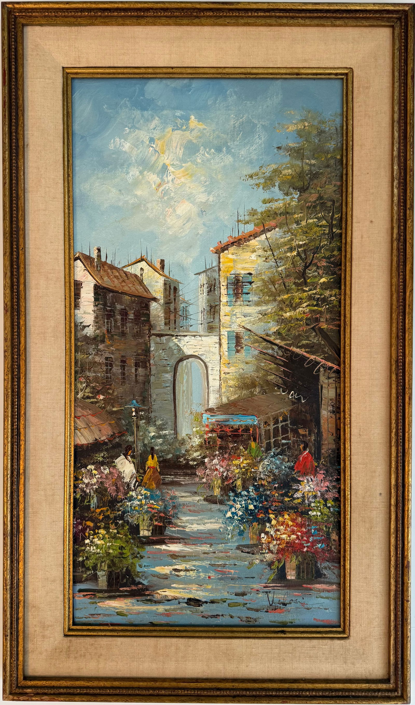 Signed Oil Painting by Velos, European Flower Market Scene, Framed, 30 x 18 in (1 of 2)