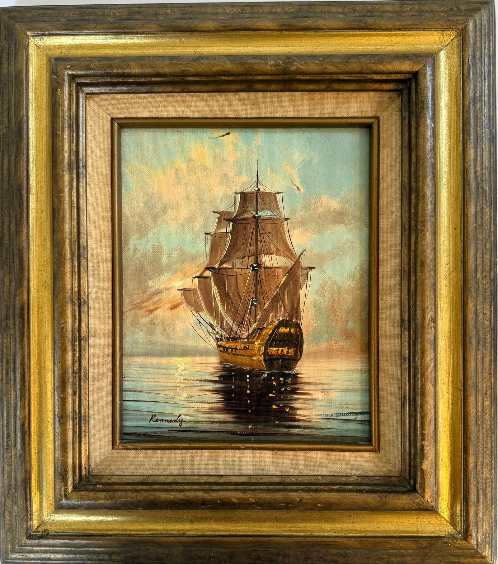 Signed Oil Painting of Sailing Ship by Kennedy, Framed Nautical Scene, Artistic Interiors Certified, (1 of 2)