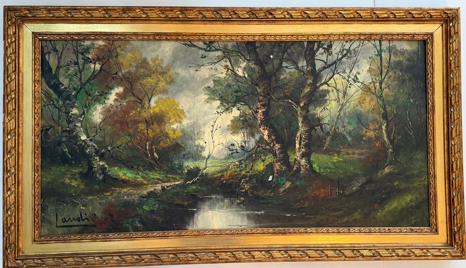 Signed Oil Painting by Lumoli, Woodland Landscape Scene, Large Format, Framed, 56 x 32 in (1 of 2)