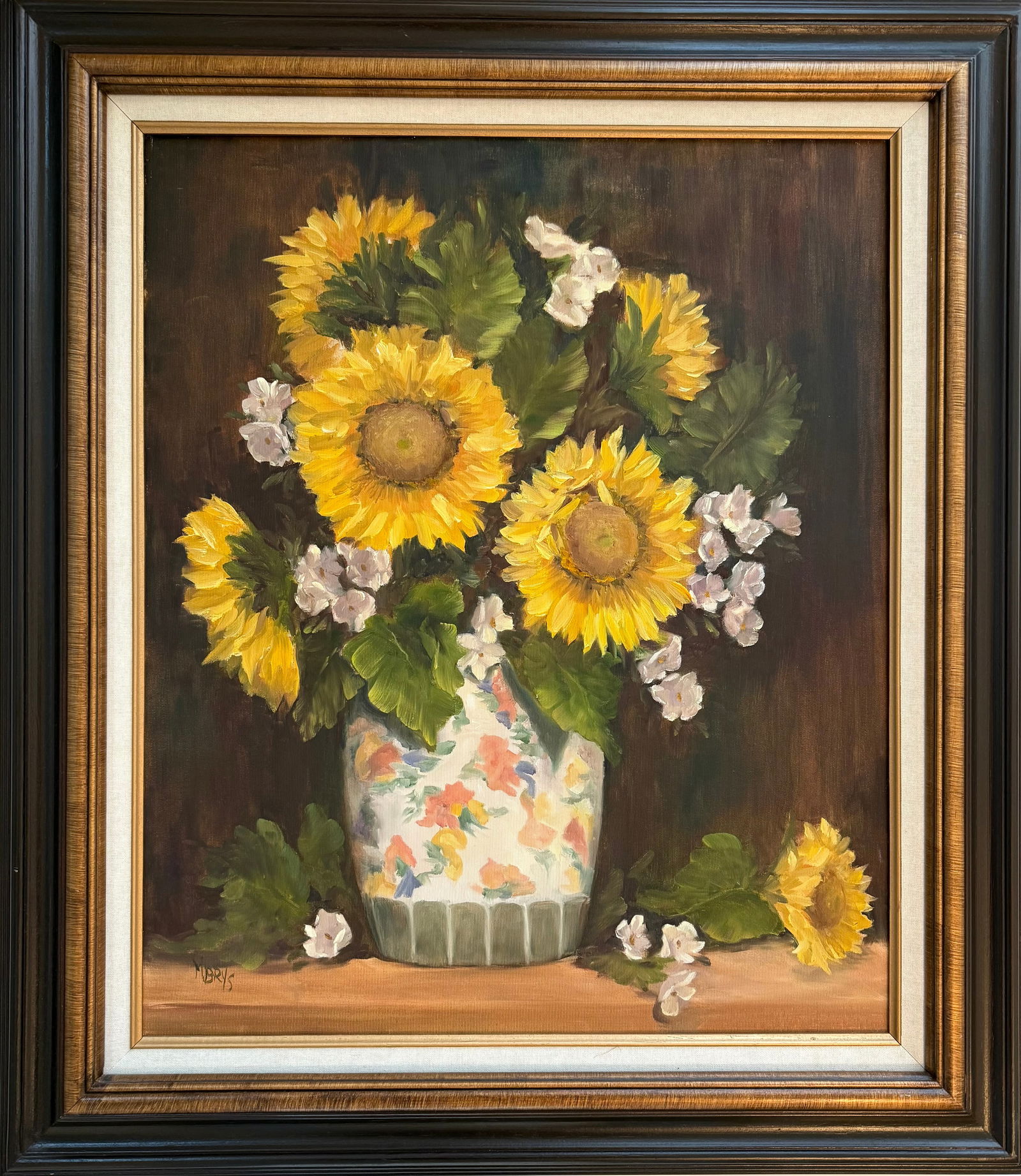 Signed Oil Painting of Sunflowers in Vase by M. Brys, Still Life, Framed, 31 x 27 in: A signed hand-painted oil painting depicting a still life arrangement of sunflowers in a decorative vase set against a dark background.Executed in a naturalistic painterly style, the composition