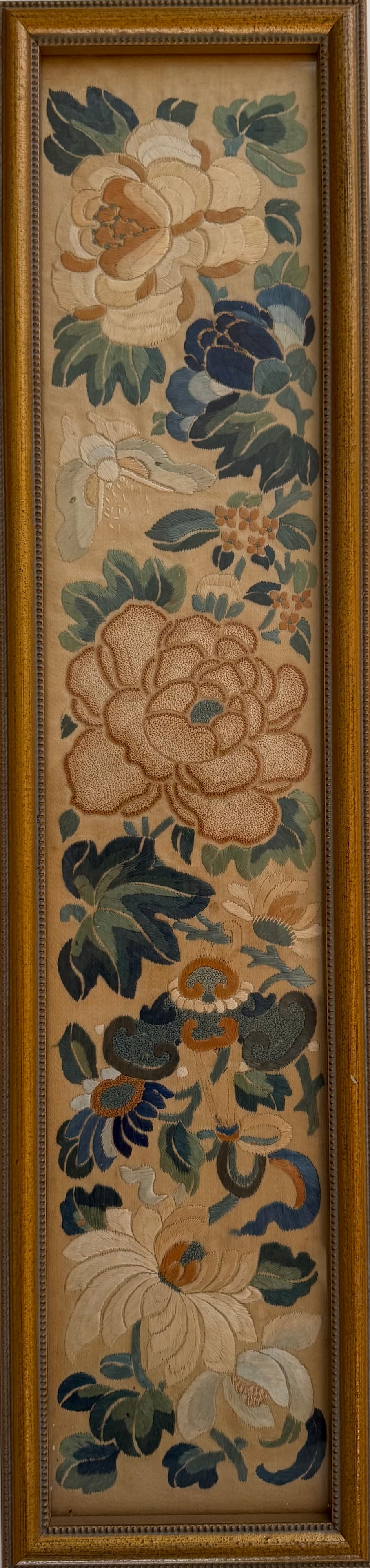 Framed Chinese Style Chinoiserie Embroidery Panel, Vintage, 21 x 5 in (1 of 1)