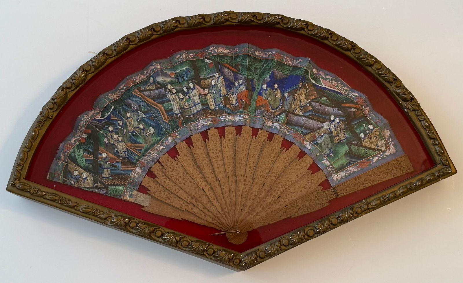 Antique Chinese Export Hand Painted Folding Fan in Frame, 23 x 14 in - 2