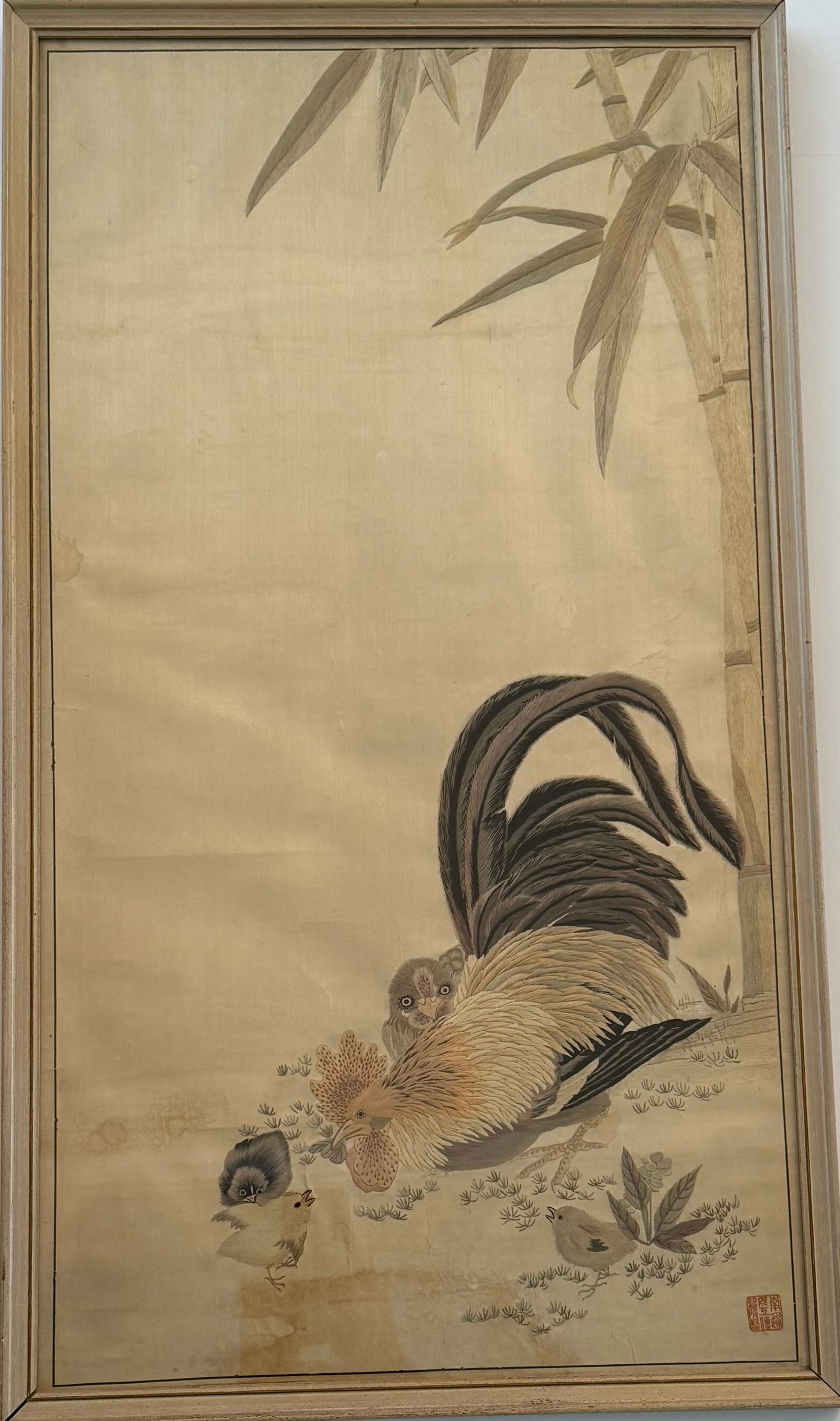 Antique Chinese Silk Embroidery Panel with Rooster & Chicks, Framed, 32 x 18 in (1 of 3)