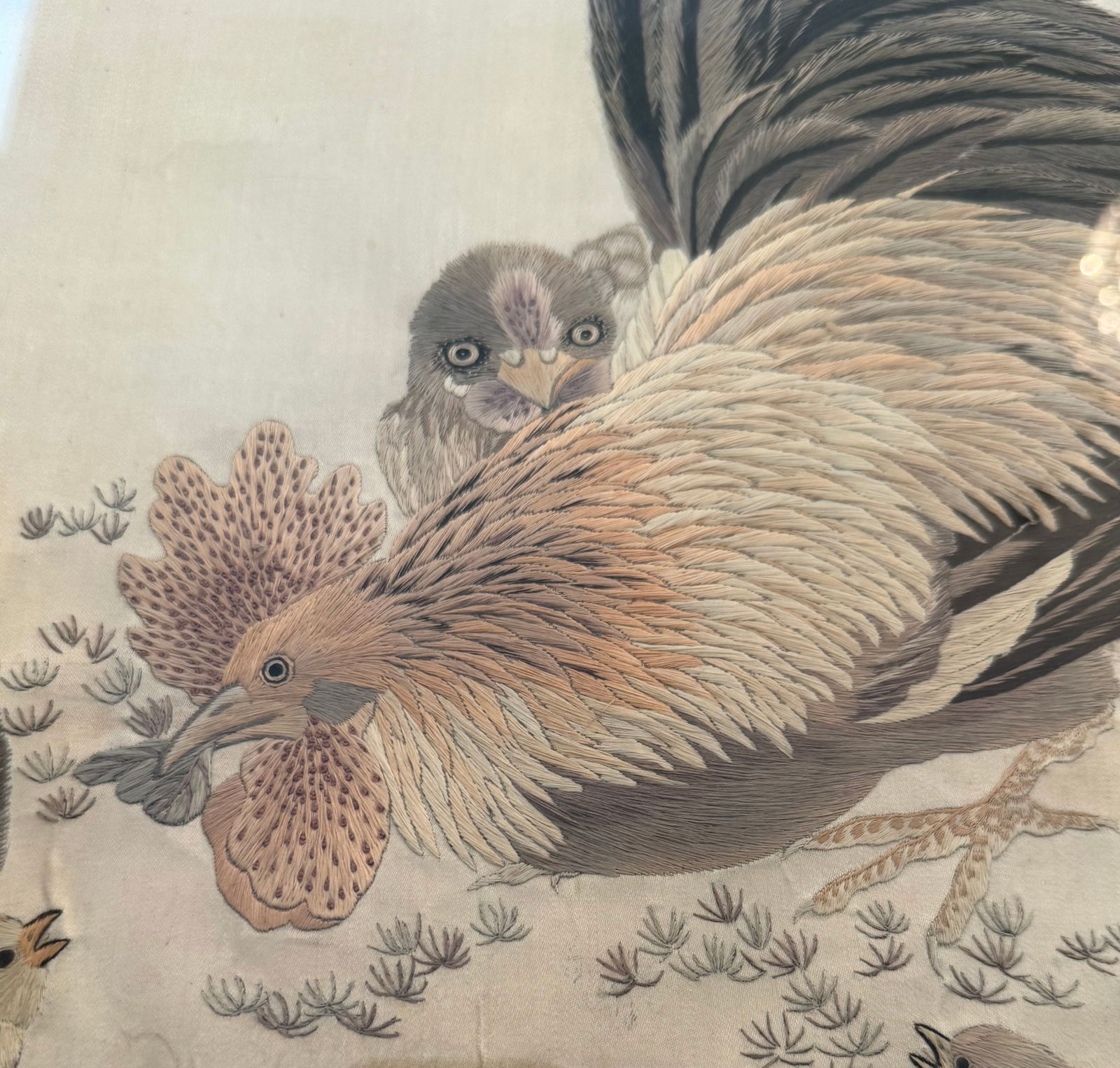 Antique Chinese Silk Embroidery Panel with Rooster & Chicks, Framed, 32 x 18 in - 3