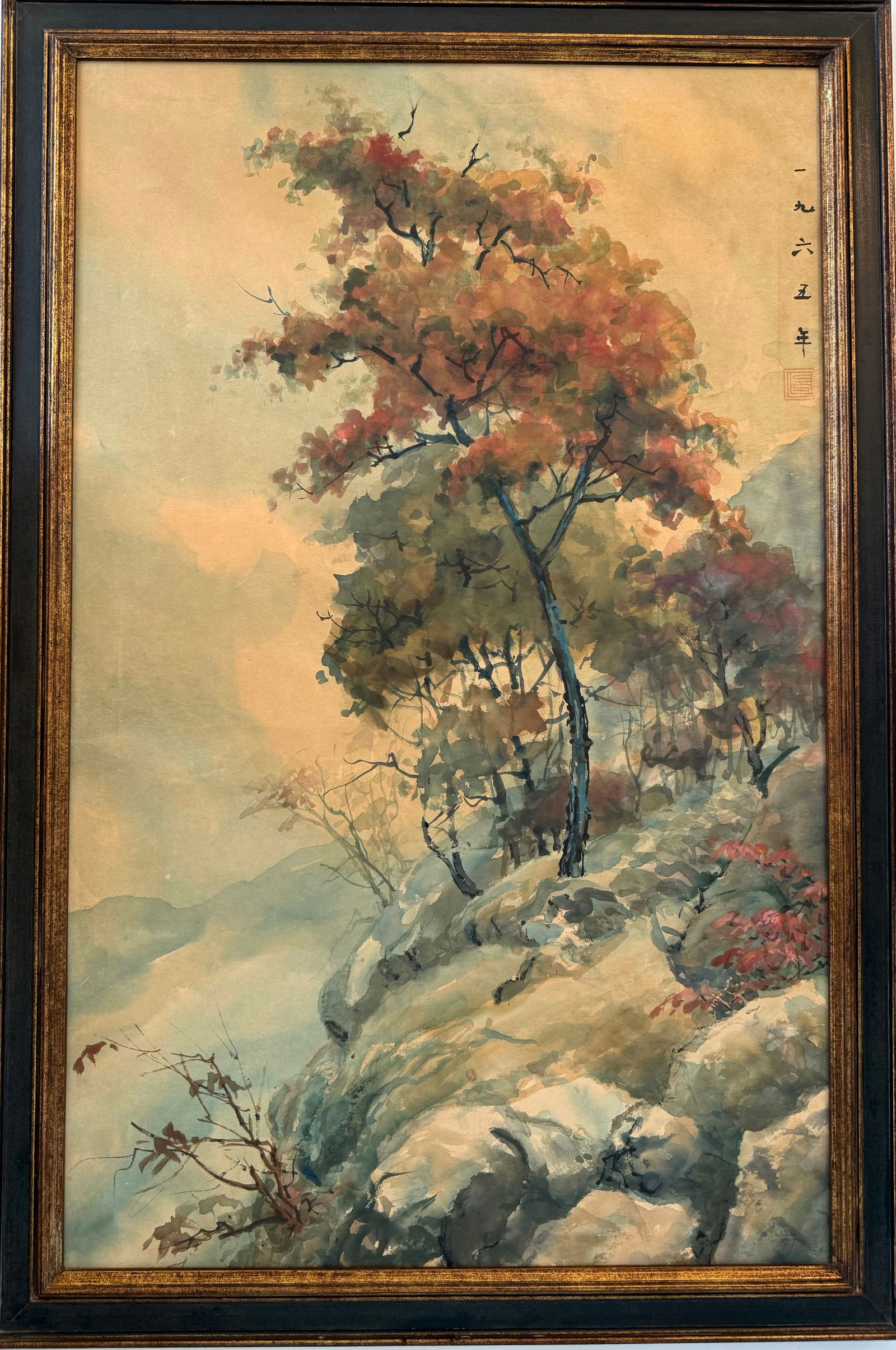 Chinese Style Landscape Oil on Canvas by H. Olsen, Signed & Dated 1965: A Chinese style landscape oil painting on canvas depicting a mountainous scene with autumn foliage in traditional East Asian aesthetic. Signed by H. Olsen and dated 1965. Verso bears gallery label