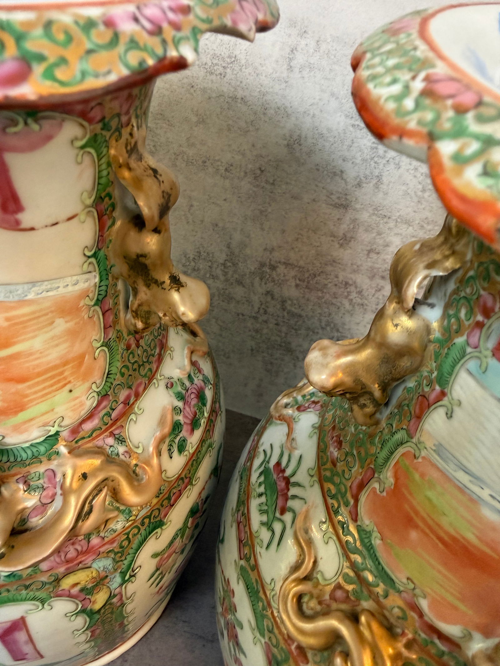 Pair of Chinese Canton Rose Medallion Porcelain Vases with Gilt Handles, 14 in - 2