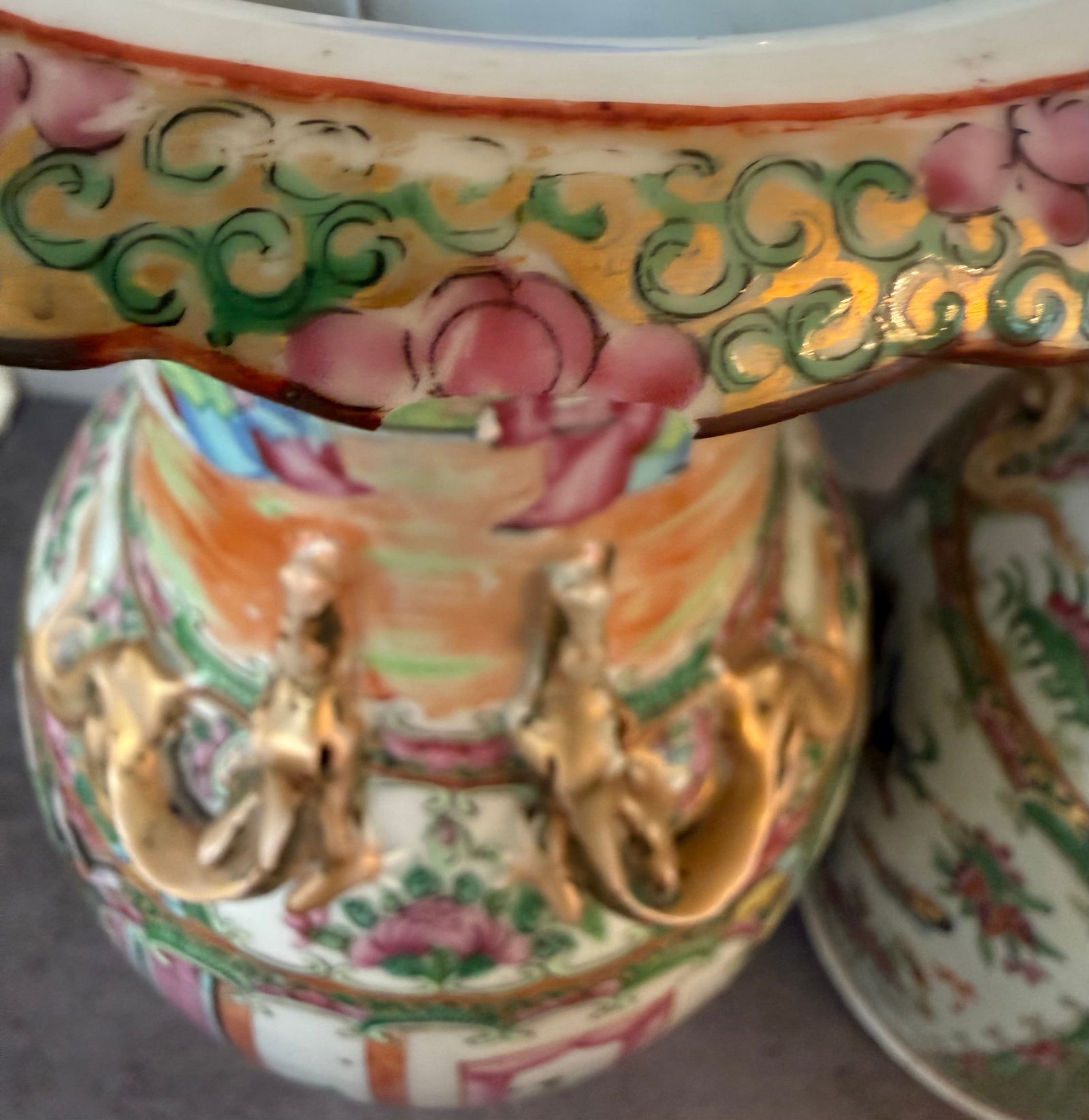 Pair of Chinese Canton Rose Medallion Porcelain Vases with Gilt Handles, 14 in - 4