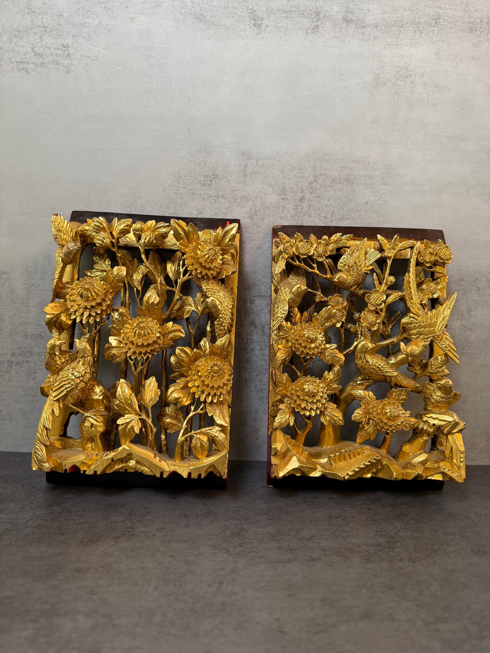 Pair of Chinese Gilt Wood Reticulated Panels with Birds and Flowers, Late 19th/Early 20th Century (1 of 3)