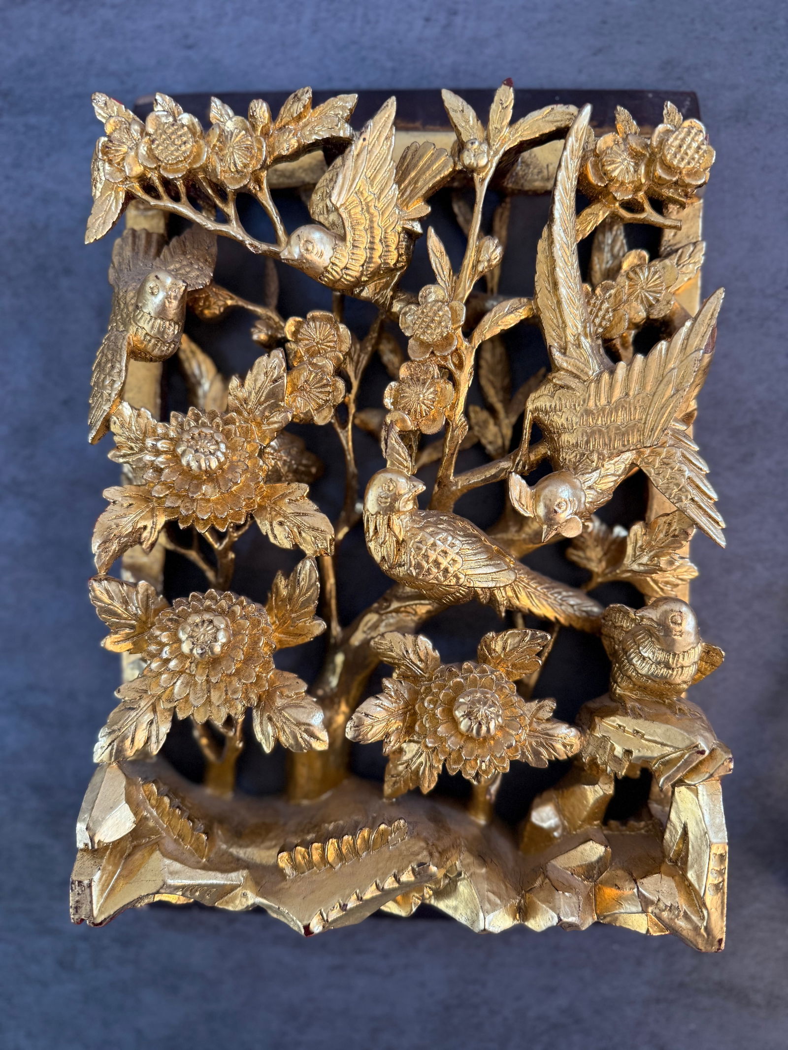 Pair of Chinese Gilt Wood Reticulated Panels with Birds and Flowers, Late 19th/Early 20th Century - 3