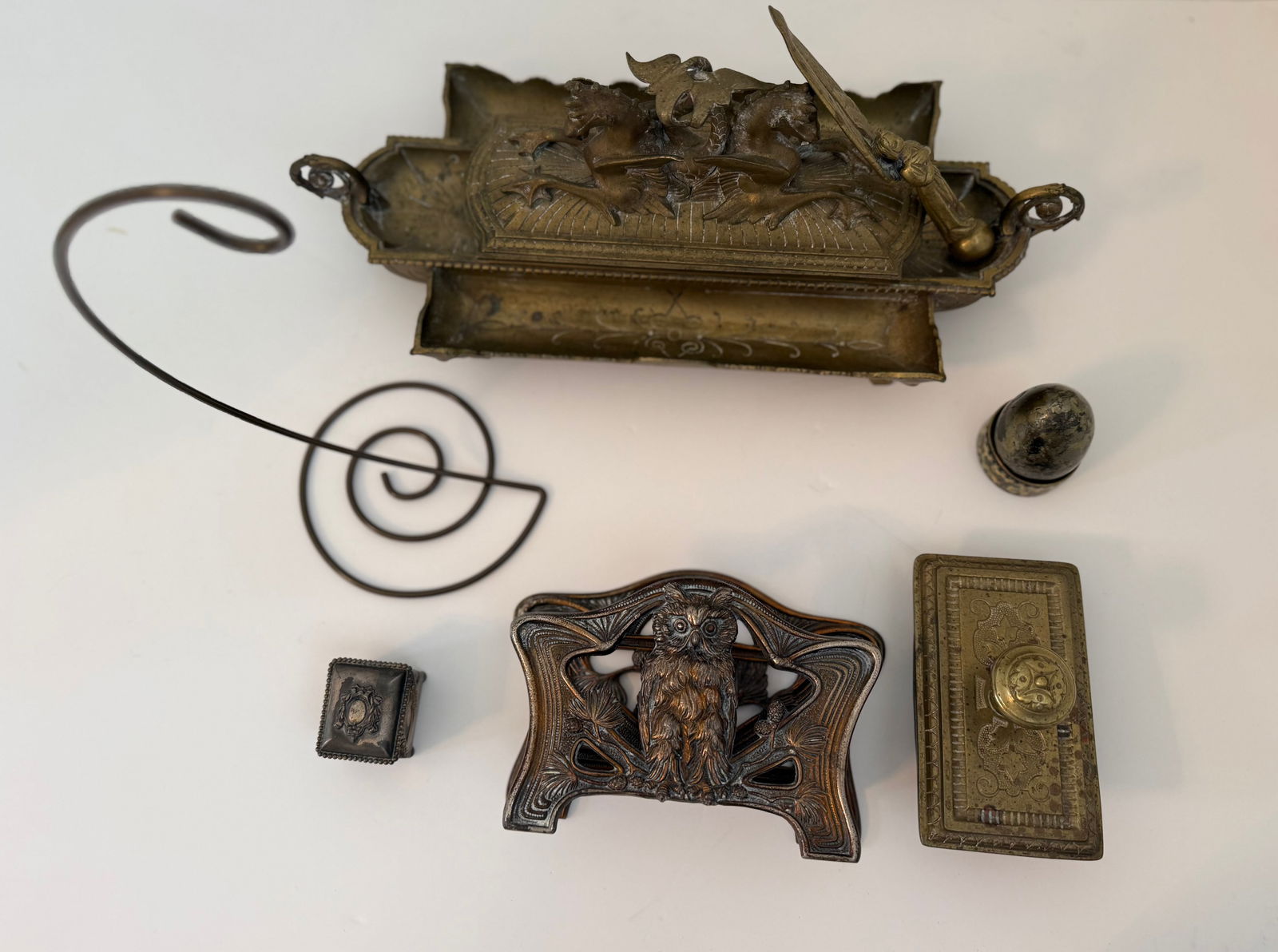 Group of Victorian Brass and Metal Desk Accessories Including Inkstand, Letter Opener, Book Clip and (1 of 4)
