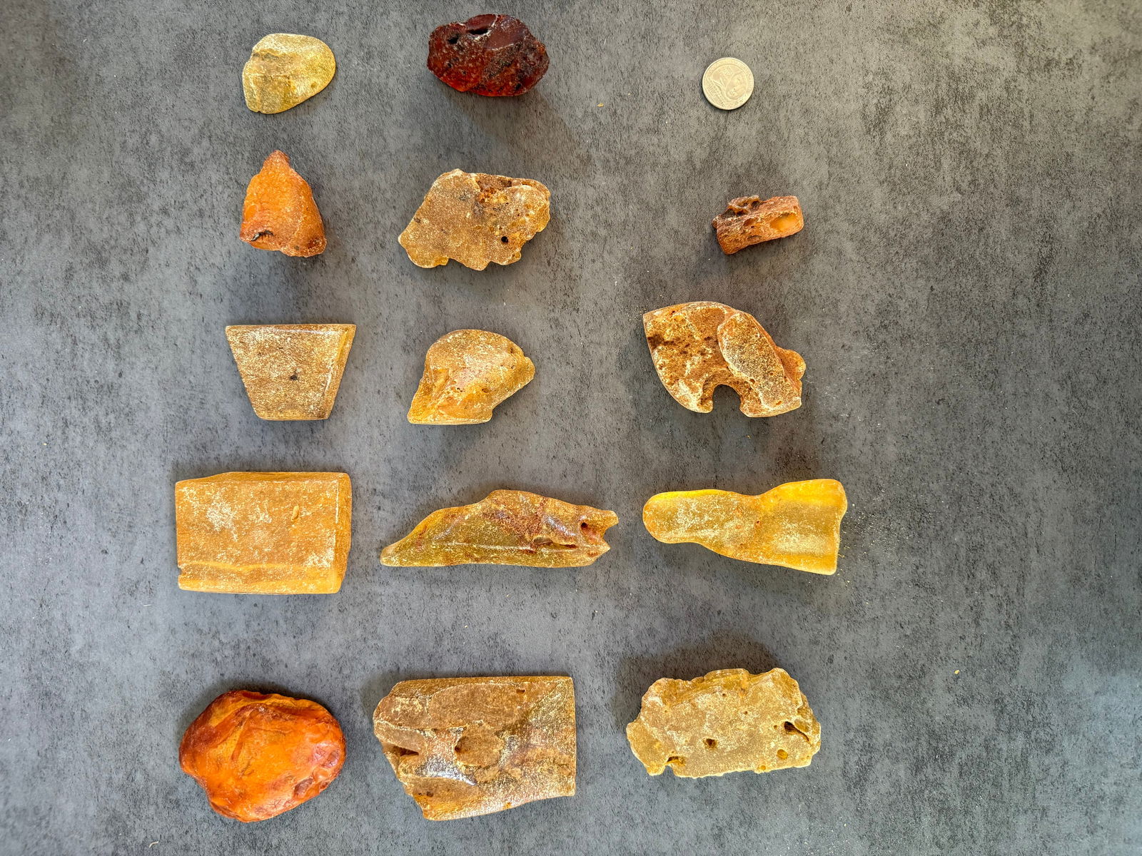 Collection of Fourteen Natural Baltic Amber Rough Specimens in Various Colors: A collection of fourteen natural amber rough specimens in various sizes and colors ranging from golden yellow and honey to deep cognac and dark red tones, with natural surface textures and