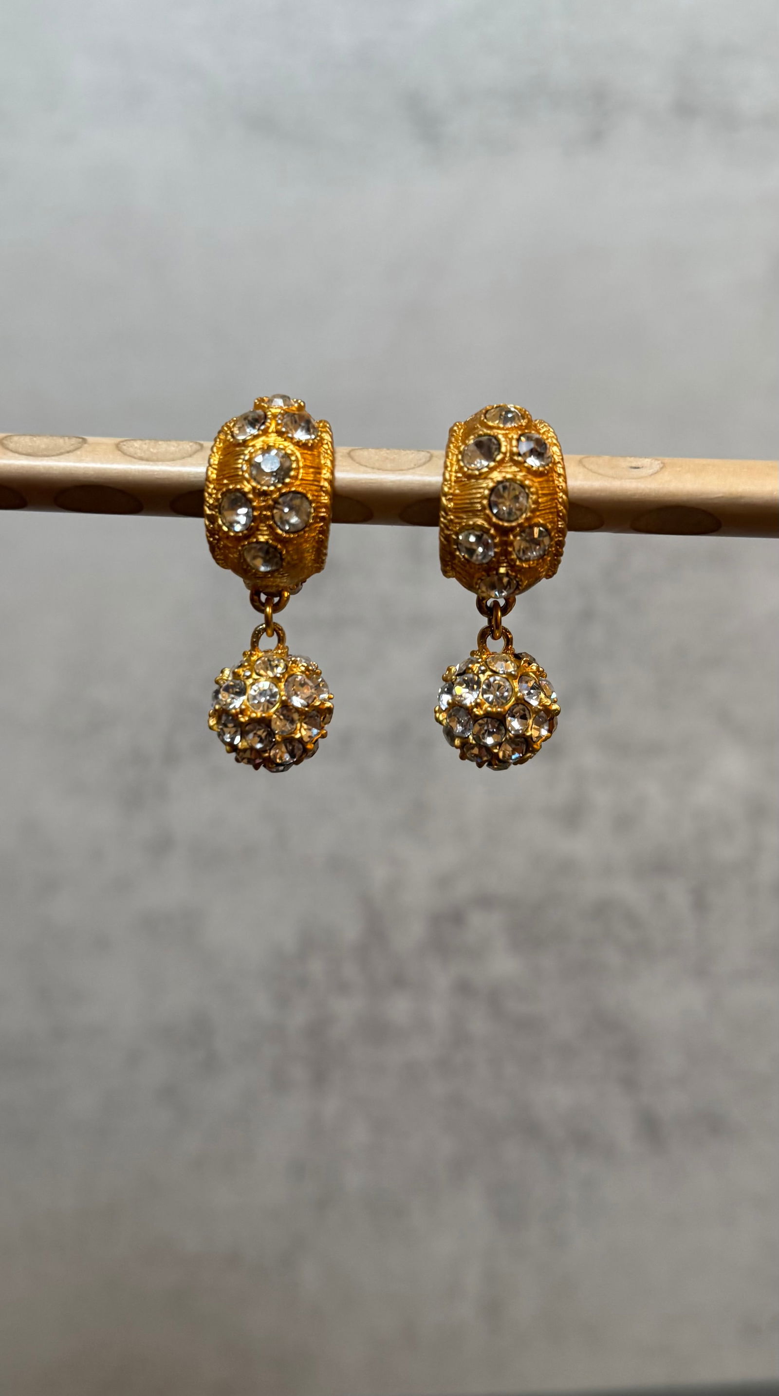 Pair of Gold Tone Rhinestone Ball Drop Clip-On Earrings - 2
