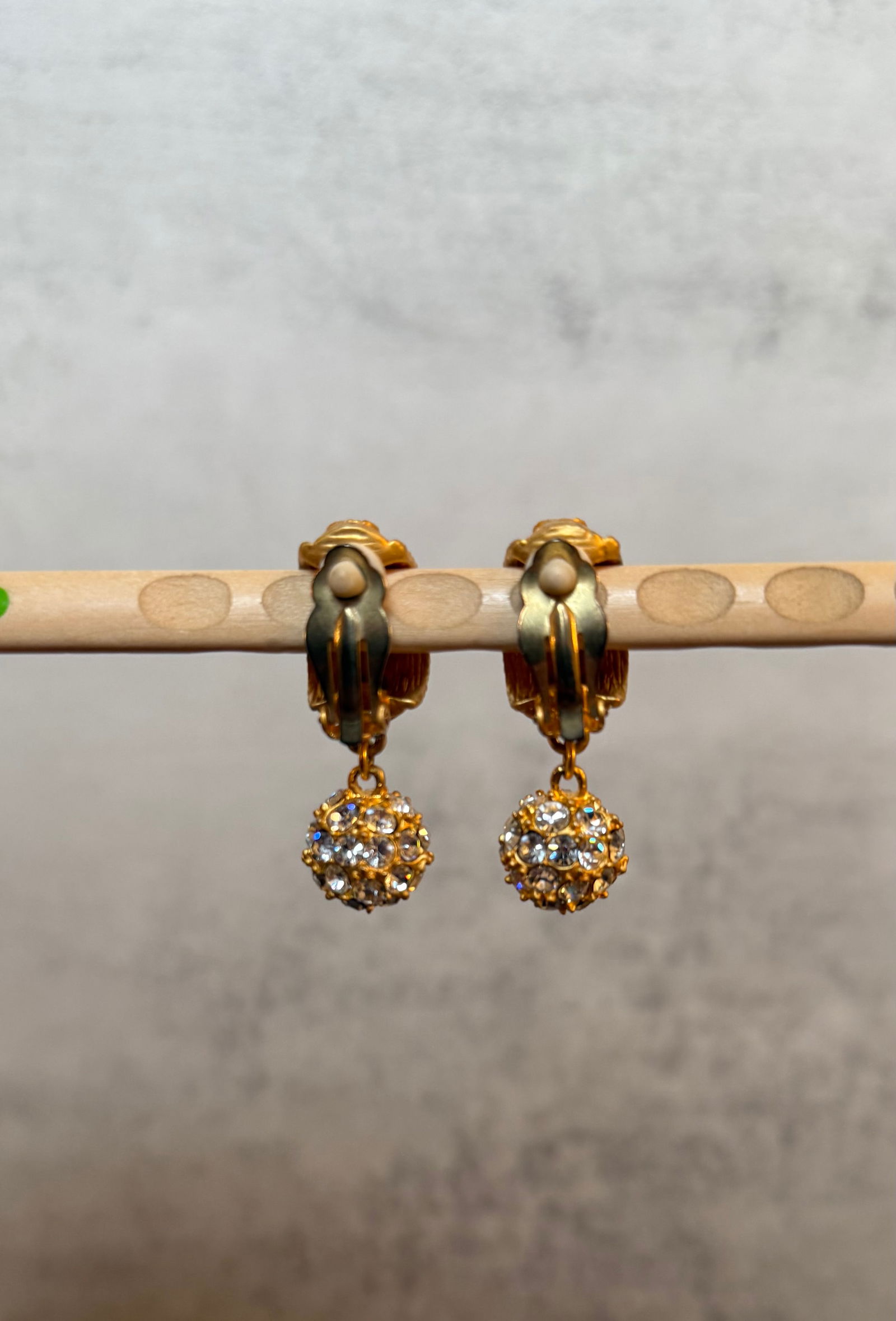 Pair of Gold Tone Rhinestone Ball Drop Clip-On Earrings - 3