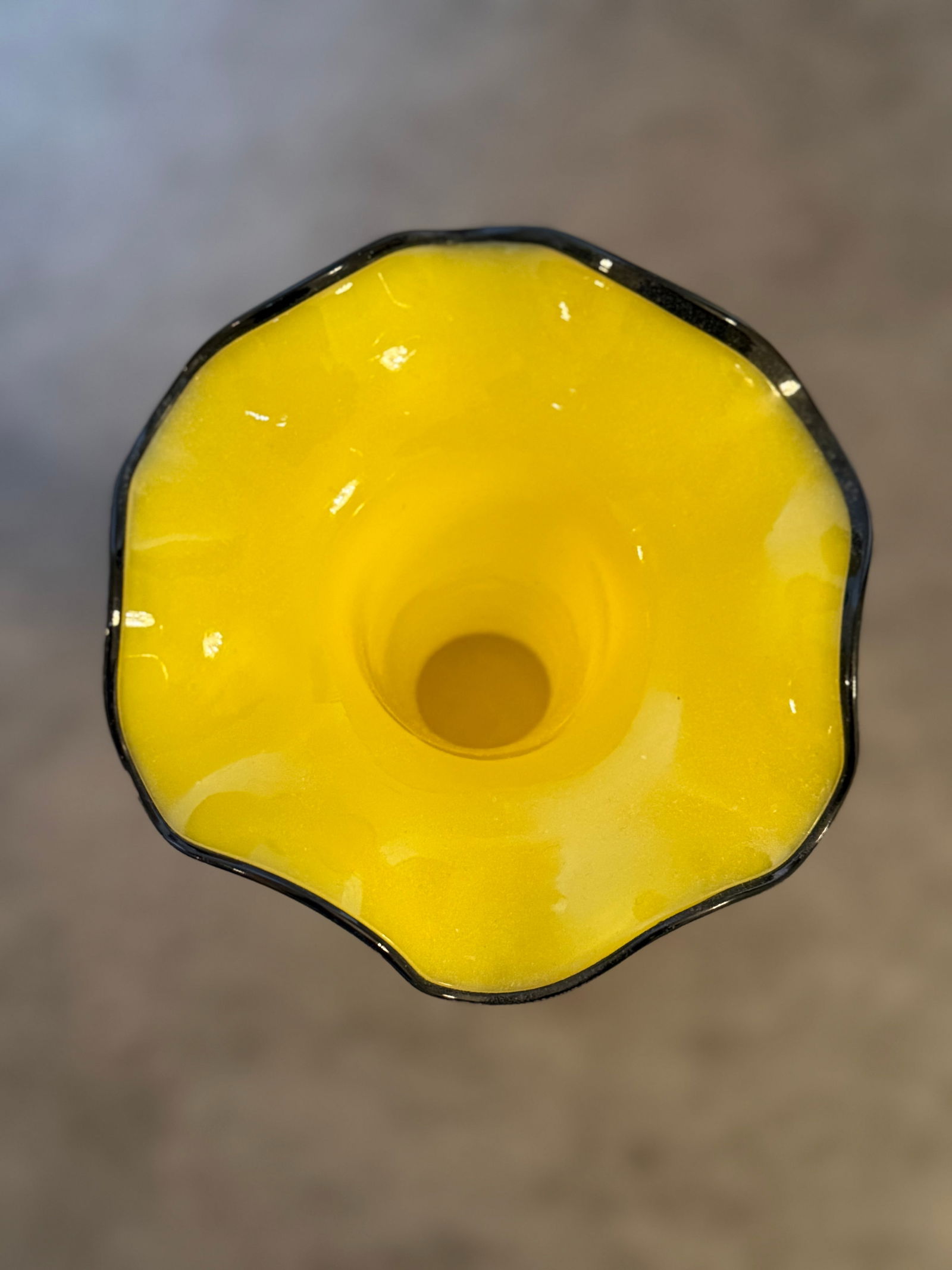 Yellow Art Glass Vase with Black Ruffled Rim - 2