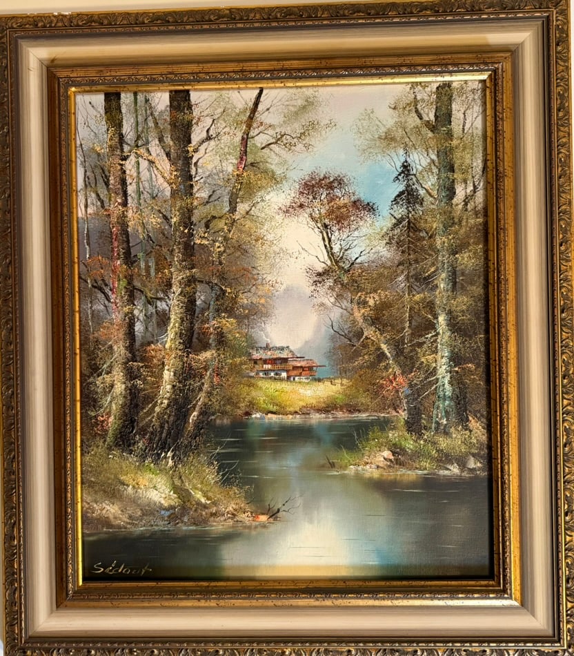 Paul Sedout German Landscape Oil Painting w/ Certificate: Hand-painted original oil on canvas landscape signed P. Sedout lower left.Depicting a tranquil riverside woodland scene with architectural structures beyond, executed in a traditional Central