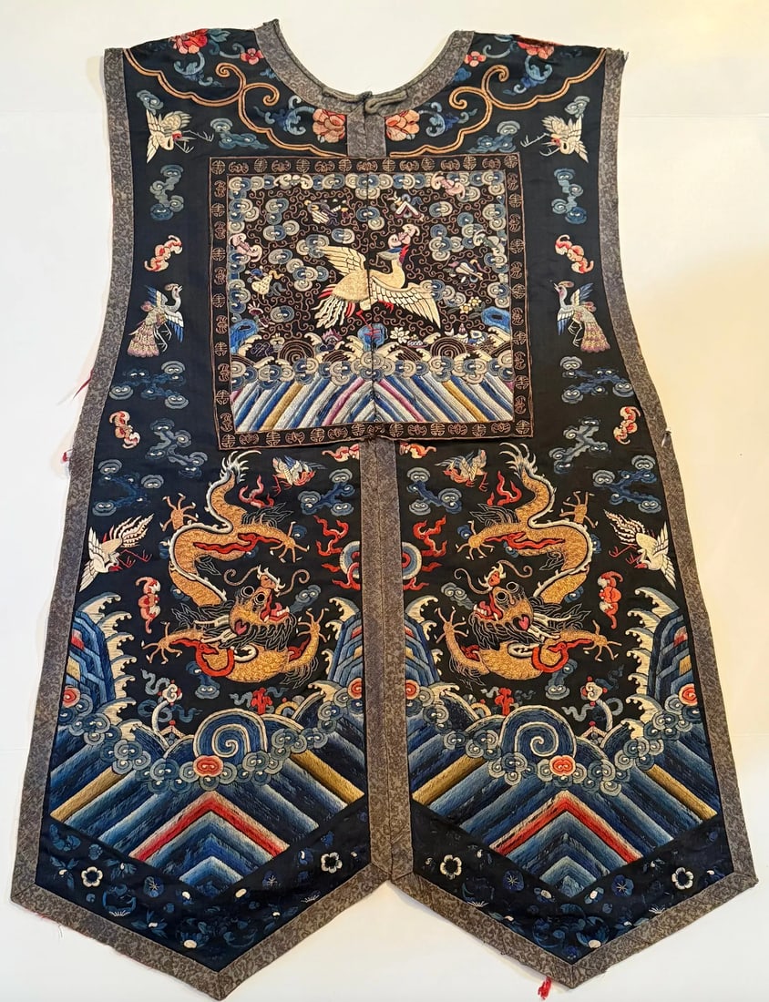 Chinese Qing Style Embroidered Court Robe Panel with Crane Rank Badge & Five-Clawed Dragons (1 of 1)