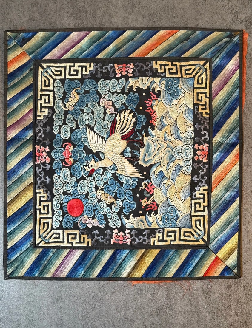 Chinese Qing Style Embroidered Crane Rank Badge Textile Panel: This finely embroidered textile panel features a traditional crane rank badge (buzi) motif, historically associated with civil officials of the Qing dynasty court.The design depicts a white crane in