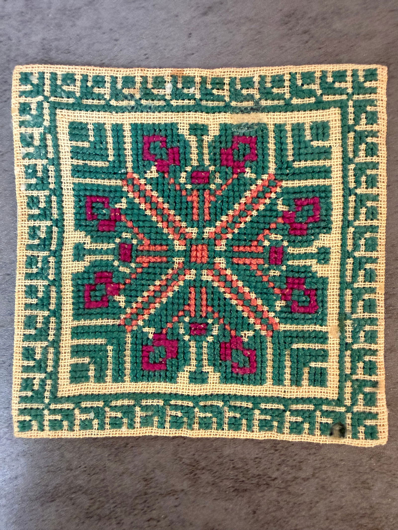 Two Vintage Needlepoint Embroidery Textile Panels with Geometric Folk Motif - 2