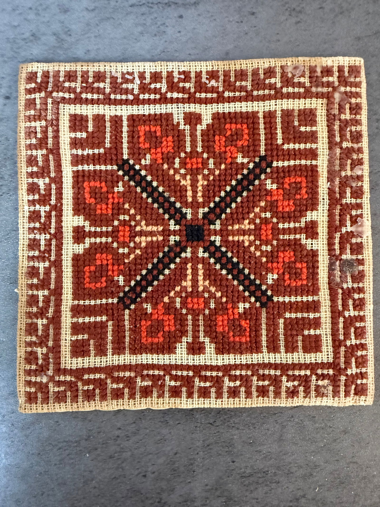 Two Vintage Needlepoint Embroidery Textile Panels with Geometric Folk Motif - 3