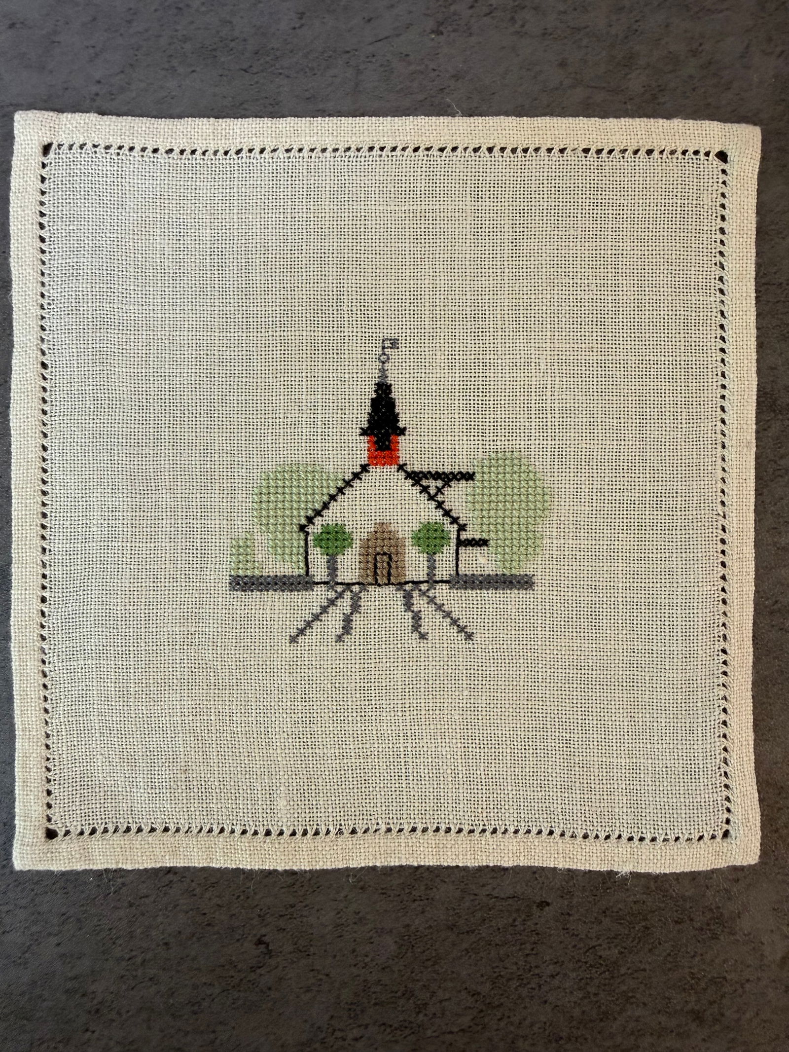 Two Vintage Hand Embroidered Needlepoint Textile Panels with Folk Motif and Church Scene - 3