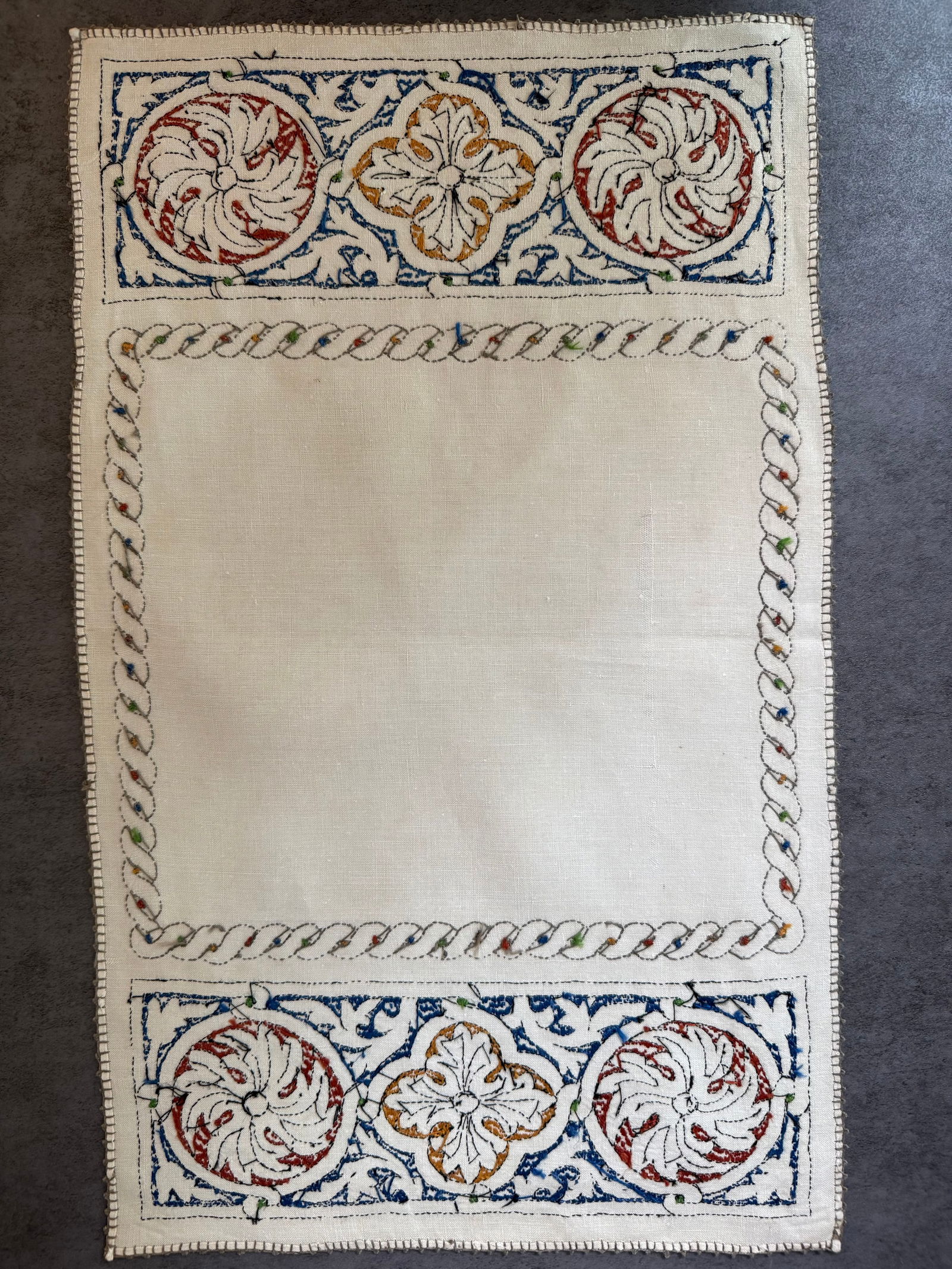Vintage Hand Embroidered Linen Table Mat with Decorative Tile Motif - 2