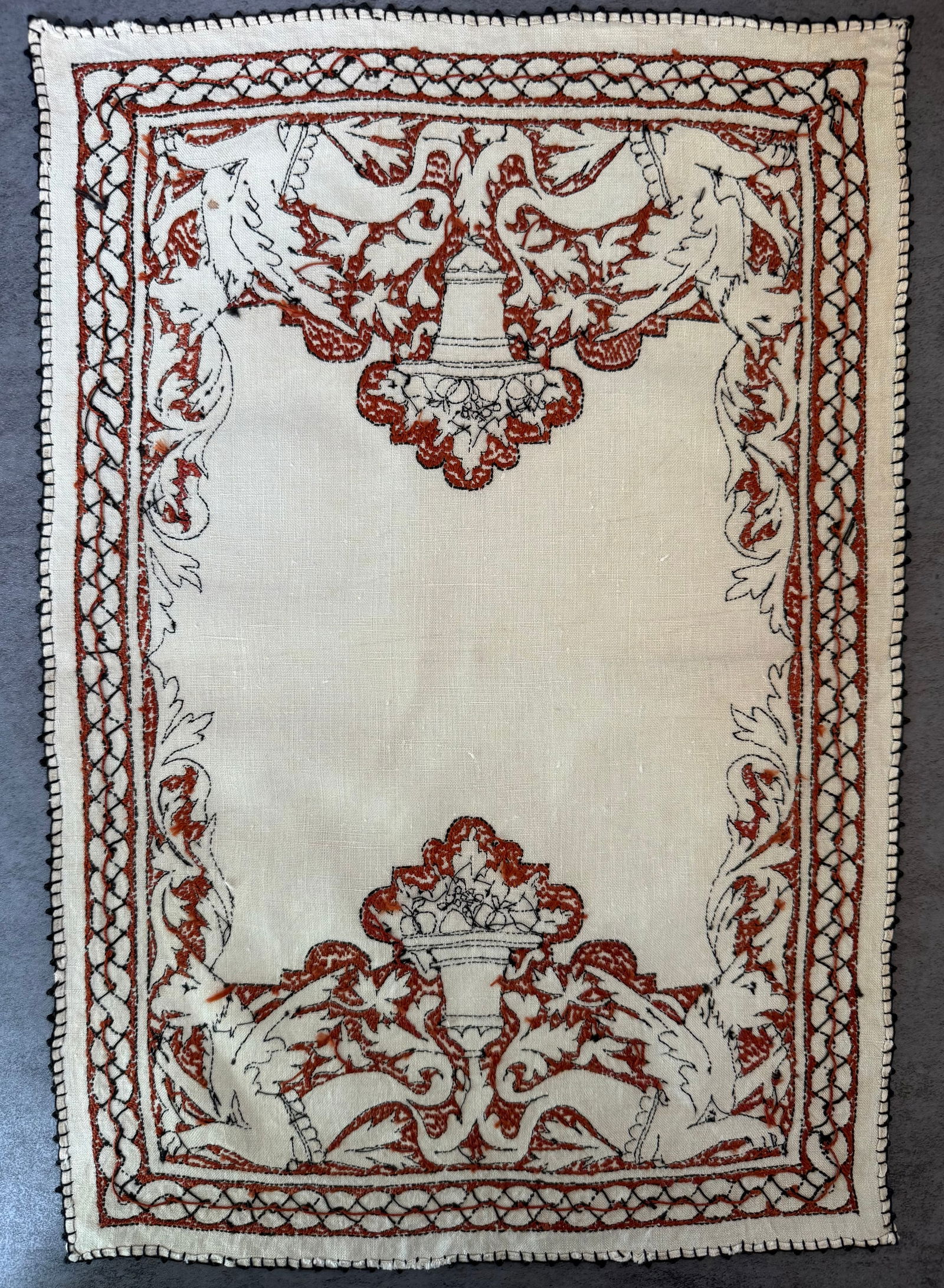 Vintage Hand Embroidered Linen Table Mat with Heraldic Griffin Motif - 2
